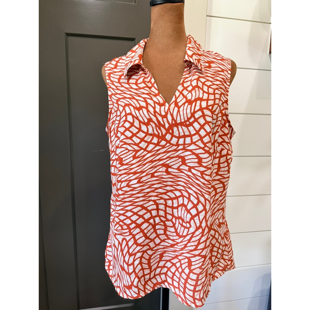 Cabi Orange White Abstract Geometric Sleeveless V-Neck Blouse Top 4183 Womens S